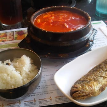 BCD Tofu House - Spicy assorted tofu soup with side dishes of rice and fish - Korean Near Me - Irvine, California BCD Tofu House - Spicy assorted tofu soup with side dishes of rice and fish - Korean Near Me - Irvine, California