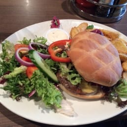 Classic inside burger (small) with house mango sauce and a salad with no dressing.