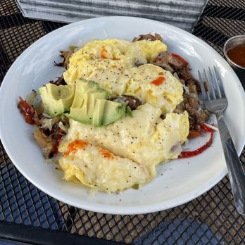 Blockhouse - Brisket Hash with Avocado & Swiss (Cheddar or Goat Cheese are optional) - Breakfast & Brunch Near Me - Saint Hedwig, Texas Blockhouse - Brisket Hash with Avocado & Swiss (Cheddar or Goat Cheese are optional) - Breakfast & Brunch Near Me - Saint Hedwig, Texas
