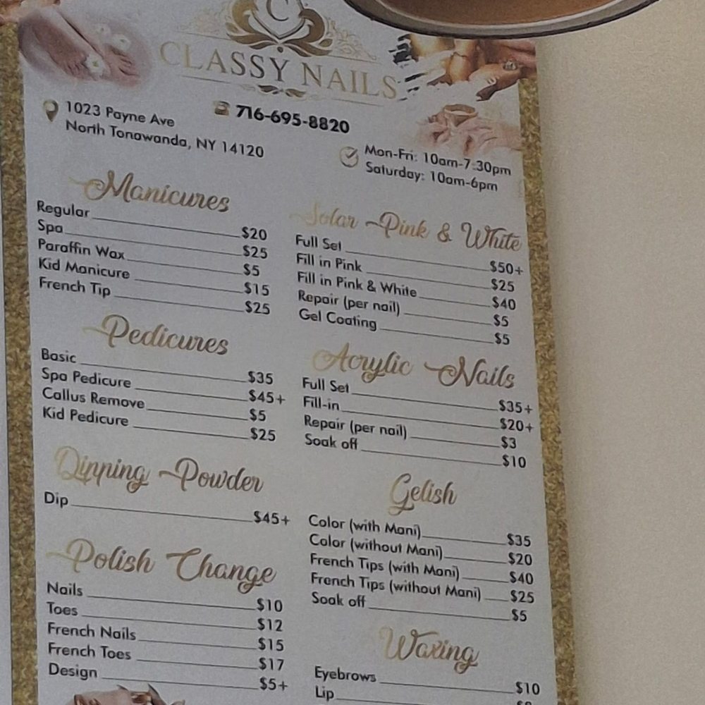 Classy Nails - The menu. A simple Pedi with massage was 35 and a simple manicure no gel was 20. - Nail Salons Near Me - North Tonawanda, New York
