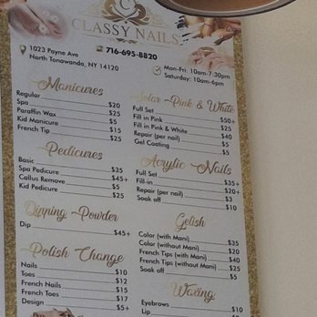 Classy Nails - The menu. A simple Pedi with massage was 35 and a simple manicure no gel was 20. - Nail Salons Near Me - North Tonawanda, New York Classy Nails - The menu. A simple Pedi with massage was 35 and a simple manicure no gel was 20. - Nail Salons Near Me - North Tonawanda, New York