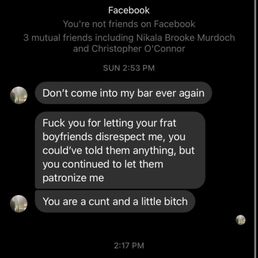 This is a message from the bartender Jared sent me. This is unacceptable. This is a message from the bartender Jared sent me. This is unacceptable.