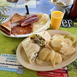 The Pelican Diner - 2 Eggs w/Smoked Sausage Platter, Greek Wrap