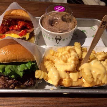 Shake Shack River North - Single Shack, Smoke Shack, Cheese Fries and a chocolate concrete with peanut butter sauce. - Burgers Near Me - Chicago, Illinois Shake Shack River North - Single Shack, Smoke Shack, Cheese Fries and a chocolate concrete with peanut butter sauce. - Burgers Near Me - Chicago, Illinois
