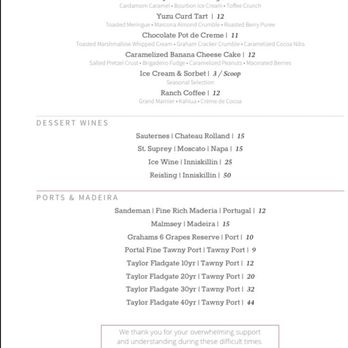 Keystone Ranch - Menu - A menu from Keystone Ranch displays sections for sweets, dessert wines, and ports & Madeira, with item names, descriptions, and prices. The menu includes desserts like Grand Marnier Soufflé and Sticky Toffee Pudding, and wines such as Chateau Rolland and Moscato. The top features the Keystone Ranch logo and tagline, while the bottom contains a message of thanks and a signature from the staff. The layout is clean with clear sections and item details. - New American Near Me - Keystone, Colorado