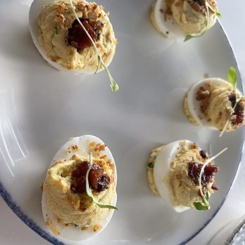 Lucky Shuck - DEVILED EGGS Maple-Bourbon Bacon Shallot Crumble - Seafood Near Me - Jupiter, Florida