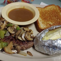Mills Steak & Fish - Hamburger steak with grilled onions, peppers, gravy
