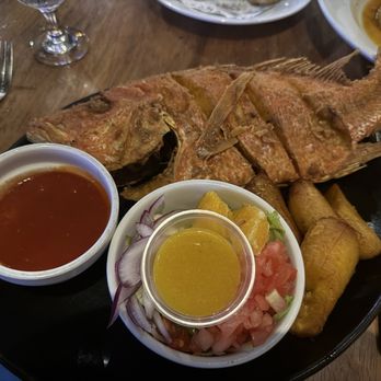 Ropa Vieja Grill - Fried Red Snapper with Creole Sauce, side salad, fried sweet plantains - Latin American Near Me - San Juan, Puerto Rico
