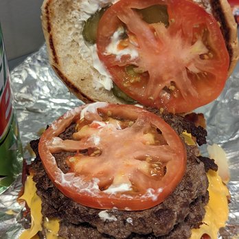 Five Guys - 3 patties, with cheese, bacon, tomato, grilled onions, mayo, ketchup, mustard, pickle. - Burgers Near Me - Manassas, Virginia Five Guys - 3 patties, with cheese, bacon, tomato, grilled onions, mayo, ketchup, mustard, pickle. - Burgers Near Me - Manassas, Virginia