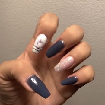 Queen A Nail Spa - Powder gel, coffin shape, marble with silver lines, silver glitter, and navy blue manicure - Nail Salons Near Me - Astoria, New York