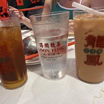 Loon Fong - Custom cups (left to right): lemon tea, warm water, milk tea) - Hot Pot Near Me - Richmond Hill, Ontario Loon Fong - Custom cups (left to right): lemon tea, warm water, milk tea) - Hot Pot Near Me - Richmond Hill, Ontario