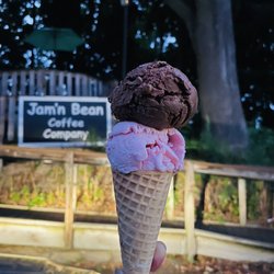 Jamnbean Coffee Company - Single serving is 2 scoops of Guernsey ice cream (Northville, MI) Strawberry and Michigan Double Dark Chocolate Sea Salt.