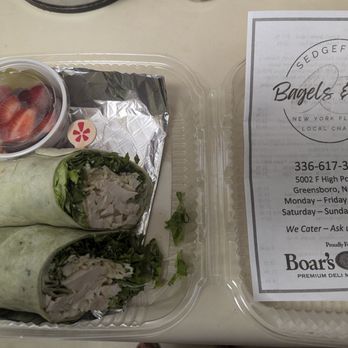 Sedgefield Bagel - My chicken Caesar wrap & fruit cup. You see their meats are from Boars Head - Sandwiches Near Me - Greensboro, North Carolina Sedgefield Bagel - My chicken Caesar wrap & fruit cup. You see their meats are from Boars Head - Sandwiches Near Me - Greensboro, North Carolina