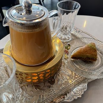 Sana'a Cafe - Small Adeni Chai ($9.49) & slice of Baklava ($4.16) - Coffee & Tea Near Me - San Francisco, California Sana'a Cafe - Small Adeni Chai ($9.49) & slice of Baklava ($4.16) - Coffee & Tea Near Me - San Francisco, California