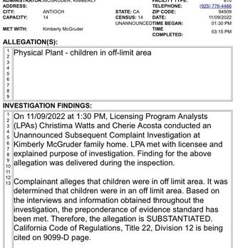Kims Kozy Korner Daycare - This is the report that was substantiated that my son was upstairs where he shouldn't be. - Child Care & Day Care Near Me - Antioch, California