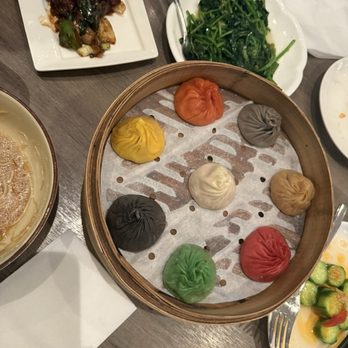 Paradise Dynasty - Multi-Flavored Xiao Long Bao, Spinach, Cucumber Salad, Pepper Beef Cubes - Singaporean Near Me - Costa Mesa, California
