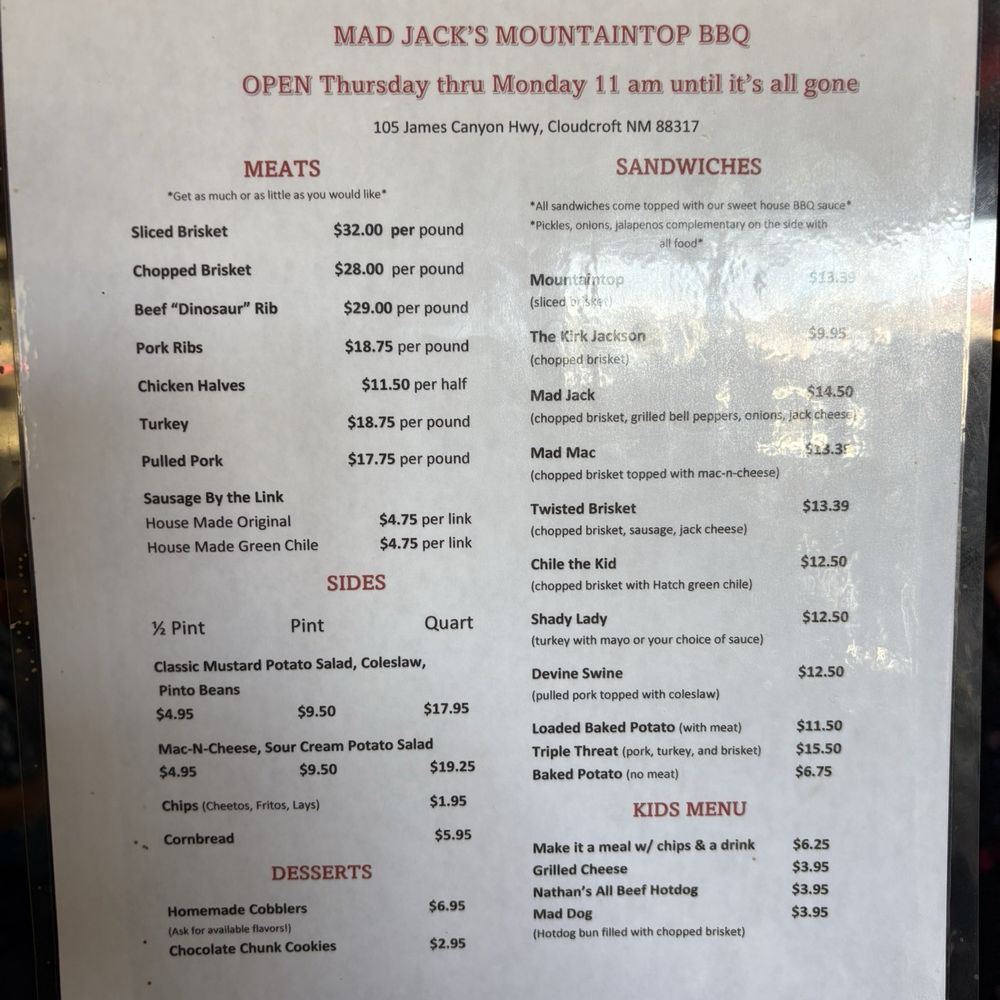 Mad Jack's Mountaintop Barbecue - Mad Jacks full menu - Barbeque Near Me - Cloudcroft, New Mexico