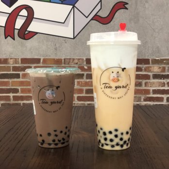 Tea Yard - Chocolate milk tea with boba and peach green milk tea with mousse and boba - Bubble Tea Near Me - Oak Lawn, Illinois Tea Yard - Chocolate milk tea with boba and peach green milk tea with mousse and boba - Bubble Tea Near Me - Oak Lawn, Illinois