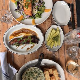 Bacon Steak , grilled salmon salad, spinach dip Bacon Steak , grilled salmon salad, spinach dip