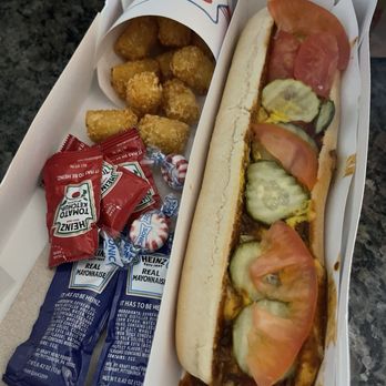 Sonic Drive-In - Foot-long chili cheese, dog with mustard, ketchup, mayo, tomatoes, and pickles, and a side of tater tots! - Burgers Near Me - Irving, Texas Sonic Drive-In - Foot-long chili cheese, dog with mustard, ketchup, mayo, tomatoes, and pickles, and a side of tater tots! - Burgers Near Me - Irving, Texas