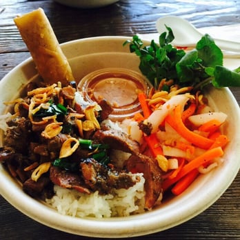 East Borough - Grill pork bowl with spring roll - the vegi is too salty for me - Vietnamese Near Me - Costa Mesa, California