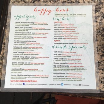 Three's Bar & Grill - Happy hour menu! - Asian Fusion Near Me - Kihei, Hawaii Three's Bar & Grill - Happy hour menu! - Asian Fusion Near Me - Kihei, Hawaii