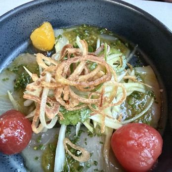 Lark - Hamachi crudo lemongrass chili green sauce, cherry tomato, green papaya, fried shallots - New American Near Me - Seattle, Washington