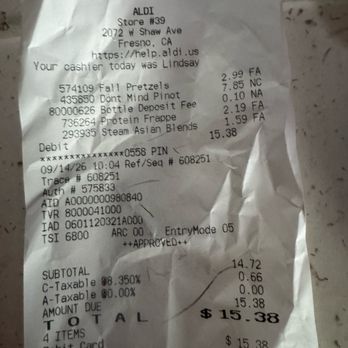 ALDI - Receipt - Grocery Near Me - Fresno, California ALDI - Receipt - Grocery Near Me - Fresno, California