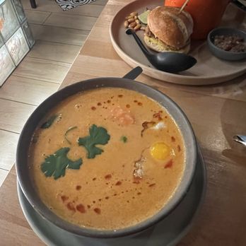 Inkaico - Shrimp bisque with creamy aji panca broth, rice, potato, and quail egg. - Seafood Near Me - Brooklyn, New York