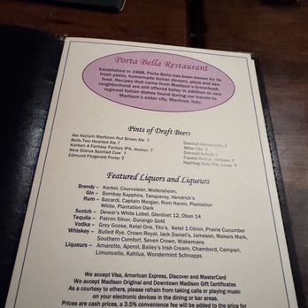 Porta Bella - Menu shot - Italian Near Me - Madison, Wisconsin