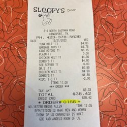 Sloopys - Receipt for our group of four came up to $38.42