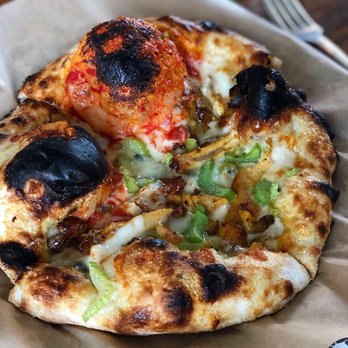 Frontager's Pizza - Custom individual with organic roasted chicken, Frank's Red Hot, shaved celery, and gorgonzola. Tip: get extra FRH for dipping. - Pizza Near Me - Pacific Beach, Washington
