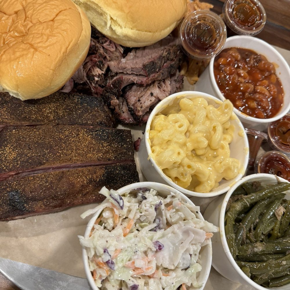 Jr Sampler (Ribs, Briskett, Pulled Chicken, Pulled Pork, Green beans, baked beans, coleslaw, mac & cheese) Jr Sampler (Ribs, Briskett, Pulled Chicken, Pulled Pork, Green beans, baked beans, coleslaw, mac & cheese)
