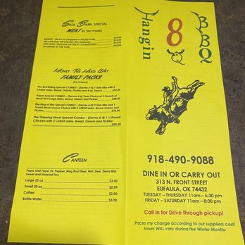 Hangin 8 BBQ - Menu Debor and back - Barbeque Near Me - Eufaula, Oklahoma