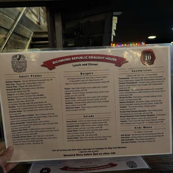 Richmond Republic Draught House - Menu (3/15/25) - Burgers Near Me - San Francisco, California