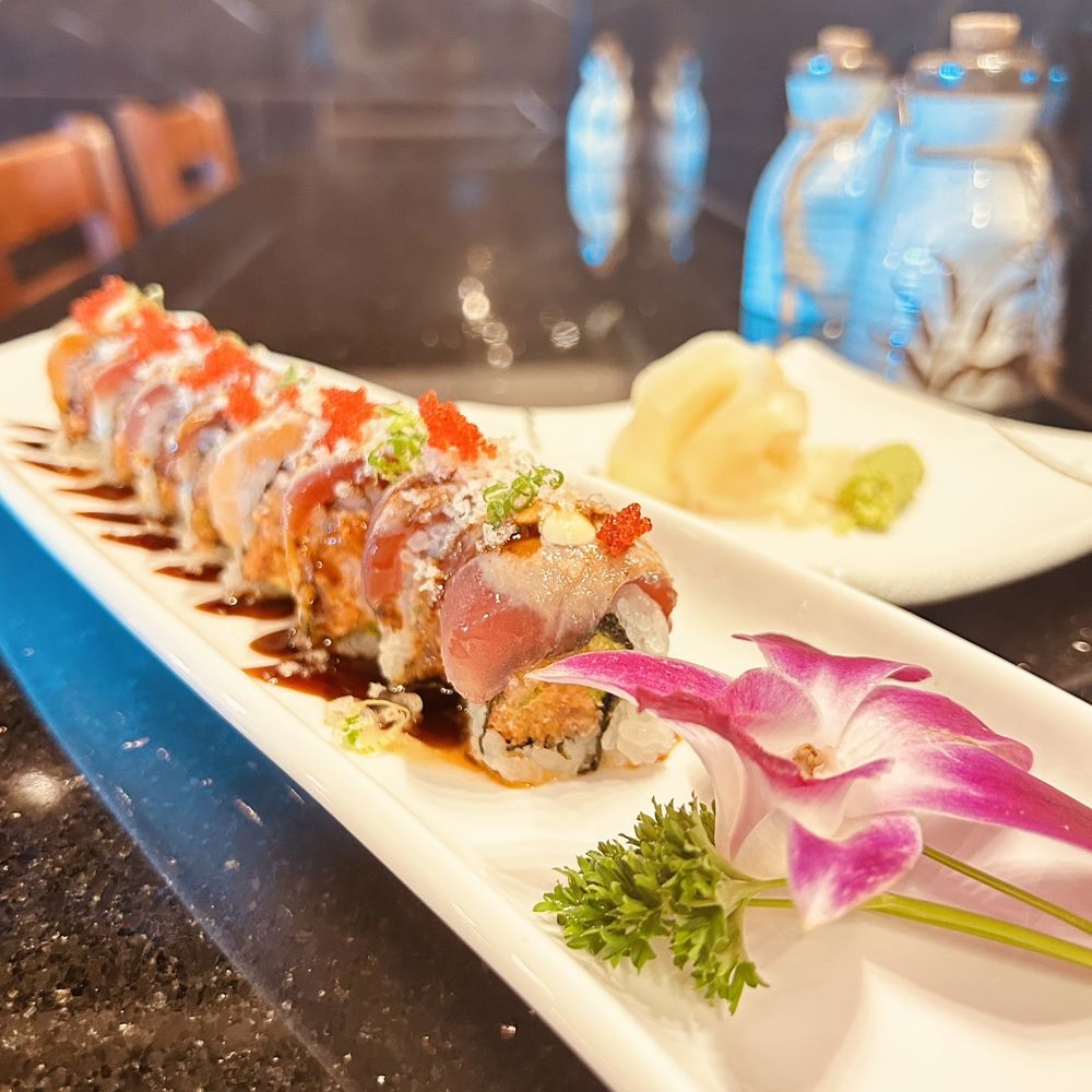 Ninja Sushi - Godzilla roll ( spicy Tuna with Avocado top on salmon) - Japanese Near Me - Littleton, Colorado Ninja Sushi - Godzilla roll ( spicy Tuna with Avocado top on salmon) - Japanese Near Me - Littleton, Colorado