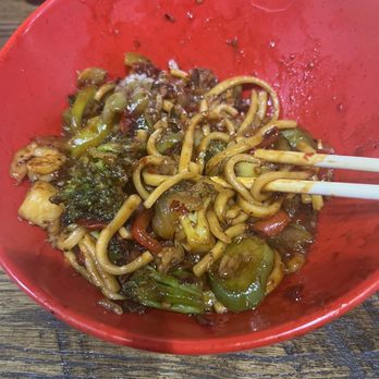 Genghis Grill - Veggies, all kinds of sauces and fried rice and udon noodles - Asian Fusion Near Me - Grand Prairie, Texas
