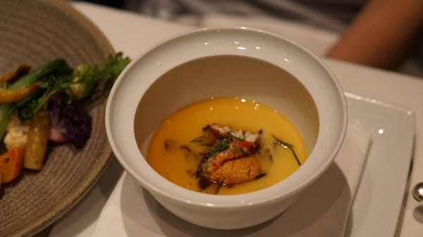 Photo of Ame - San Francisco, CA, US. "Chawan-Mushi" Japanese Savory Custard with Lobster, Sea Urchin, Shiitake & Mitsuba Sauce