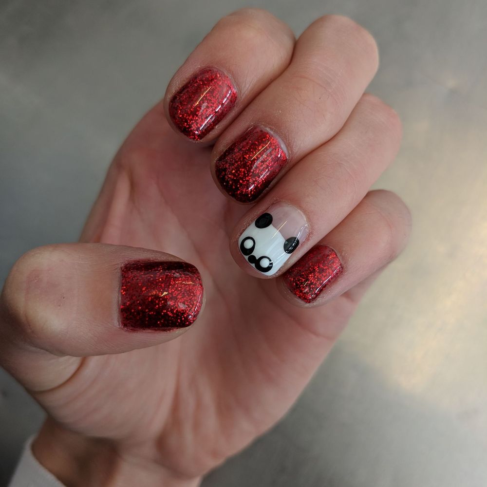 Joy Nails Design - Festive sparkly red nails in the gel color "hot jazz" and the cute little black and white pandas! Love them! - Nail Salons Near Me - Huntington Beach, California Joy Nails Design - Festive sparkly red nails in the gel color "hot jazz" and the cute little black and white pandas! Love them! - Nail Salons Near Me - Huntington Beach, California