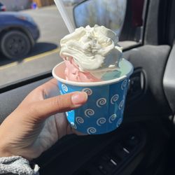 Scoops At Lakeview Lanes - Blue/pink cotton candy twist with whipped cream in a dish