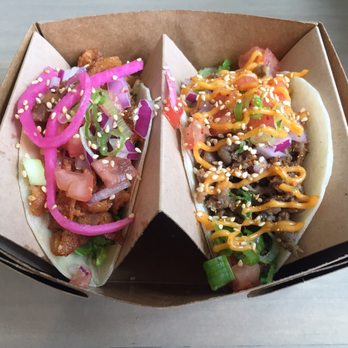 TAKO - Jeju taco (spicy pork belly) and Tako taco (grilled beef belly). Note: "spicy" not actually in the least bit spicy, but still tasty. - Korean Near Me - Vancouver, British Columbia TAKO - Jeju taco (spicy pork belly) and Tako taco (grilled beef belly). Note: "spicy" not actually in the least bit spicy, but still tasty. - Korean Near Me - Vancouver, British Columbia