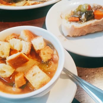 Antico Posto - Cup of minestrone soup and bread with amazingly good goop (balsamic, olive oil, cheese, giardinera) - Italian Near Me - Oak Brook, Illinois Antico Posto - Cup of minestrone soup and bread with amazingly good goop (balsamic, olive oil, cheese, giardinera) - Italian Near Me - Oak Brook, Illinois