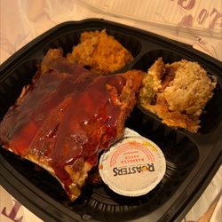 Roasters - Ribs, 1/4 dark chicken (hidden under the ribs), cornbread dressing, sweet potato soufflé