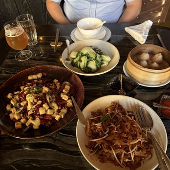 Mott 32 - Soup Dumplings, Wok-Fried Flat Rice Noodles with Tofu, Crispy "Tofu", Szechuan Red Peppercorns, Wok-Fried Baby Bok Choy - Chinese Near Me - Las Vegas, Nevada