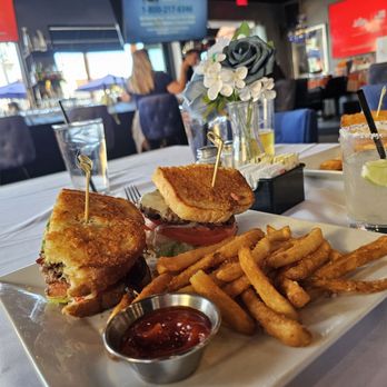 Jimmy B's - The Sourdough Parmesian burger with fries and the house margarita. - Cocktail Bars Near Me - Palm Springs, California