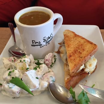 Cafe Pasqual's - Half chicken sandwich with potato salad and lentil curry soup - Vegetarian Near Me - Santa Fe, New Mexico
