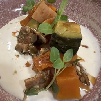Acopio - Calabaza en tacha, candied winter squash, citrus crema and pumpkin seed brittle goodness. - New Mexican Cuisine Near Me - San Jose, California Acopio - Calabaza en tacha, candied winter squash, citrus crema and pumpkin seed brittle goodness. - New Mexican Cuisine Near Me - San Jose, California