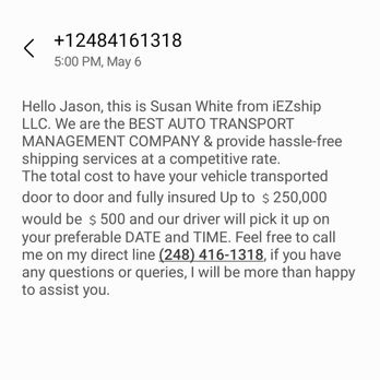 iEZship - Receipt from her price - Vehicle Shipping Near Me - Canton, Michigan