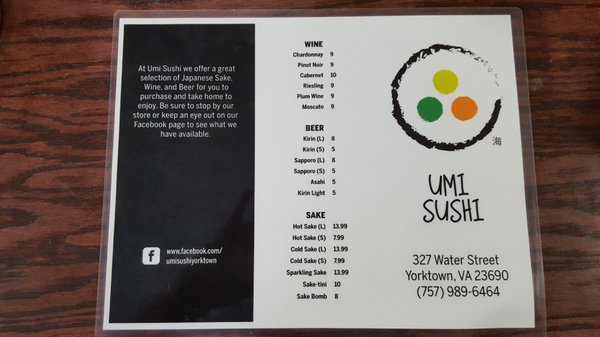 Menu photo 2 Umi Sushi Yorktown, VA Menu photo 2 Umi Sushi Yorktown, VA