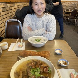 Double Greeting Chinese Snack House - Noodle soup with Brisket, Chinese donut, and congee with century egg and pork
